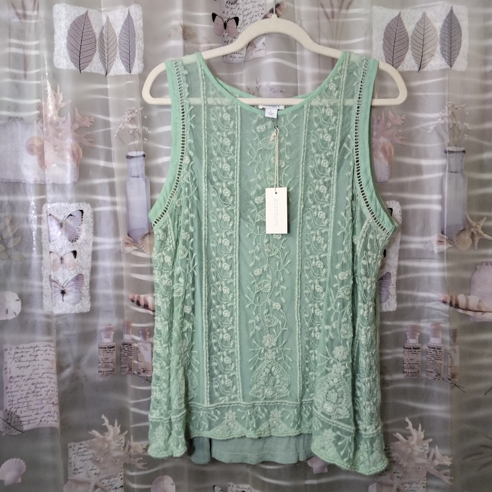 NWTSundance Embroidered Floral Sheer Mint Green Lace Boho Sleeveless Top Lined L - Picture 12 of 15